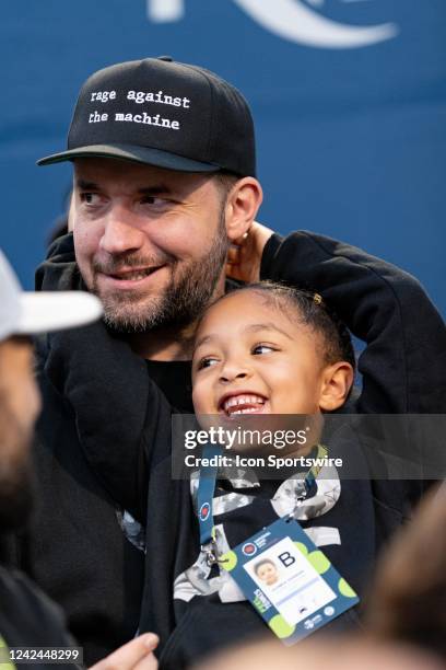 Alexis Ohanian and Alexis Olympia Ohanian Jr. Watch Serena Williams during her National Bank Open tennis tournament second round match on August 10...