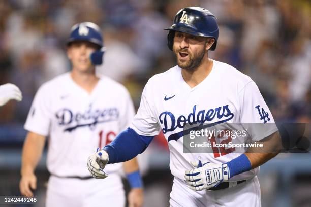 Los Angeles Dodgers left fielder Joey Gallo celebrates after his three run home run during the MLB game between the Minnesota Twins and the Los...