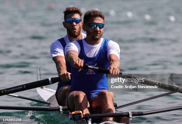 Martin Mackovic and Milos Vasic of Serbia compete in the M2-race during the Rowing competition on day 2 of the European Championships Munich 2022 at...