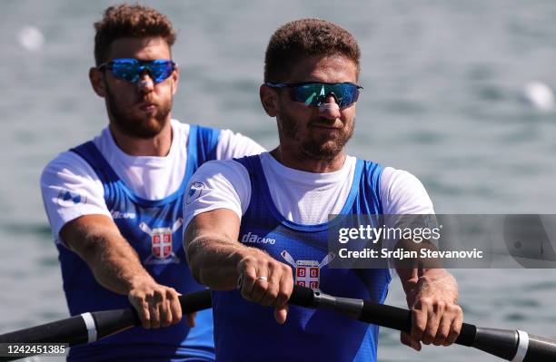 Martin Mackovic and Milos Vasic of Serbia compete in the M2-race during the Rowing competition on day 2 of the European Championships Munich 2022 at...