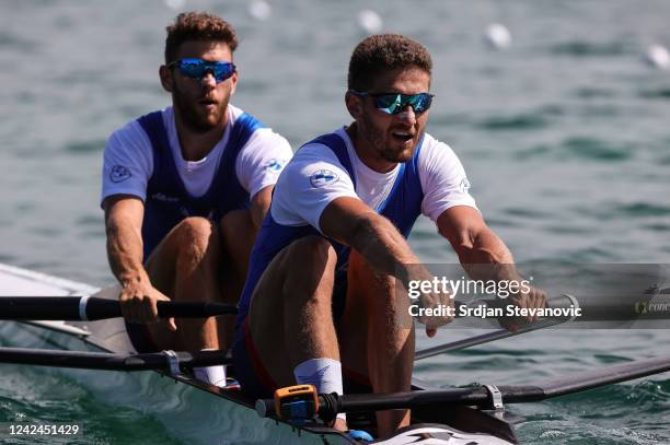 Martin Mackovic and Milos Vasic of Serbia compete in the M2-race during the Rowing competition on day 2 of the European Championships Munich 2022 at...