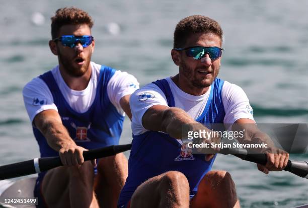 Martin Mackovic and Milos Vasic of Serbia compete in the M2-race during the Rowing competition on day 2 of the European Championships Munich 2022 at...