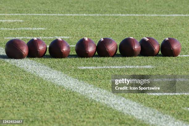 General view of practice footballs lined up on the field is seen during the Detroit Lions Training Camp practice on August 10, 2022 at the Detroit...