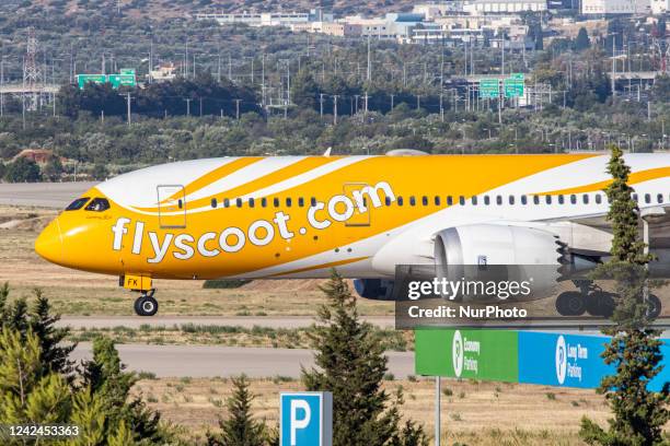 Scoot Boeing 787 Dreamliner aircraft as seen flying, landing and taxiing at the Athens International Airport Eleftherios Venizelos ATH at the Greek...