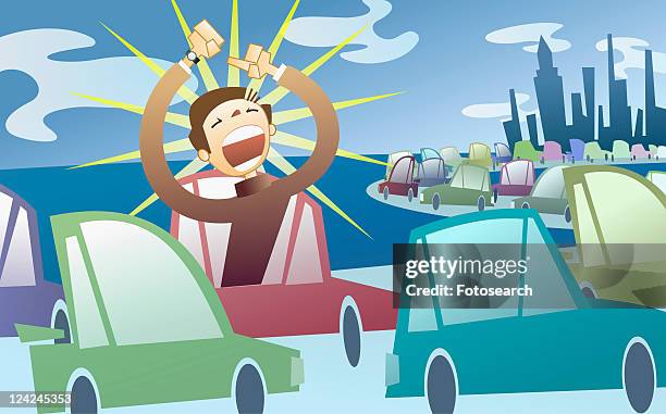 ilustrações, clipart, desenhos animados e ícones de man shouting with frustration and anger from a car in a traffic jam - mode
