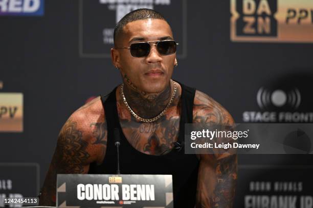 Conor Benn talks during the Eubank Jr/Benn Press Conference at Glaziers Hall on August 12, 2022 in London, England.