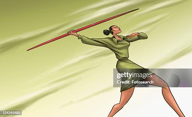 low angle view of a businesswoman throwing a javelin - javelin stock-grafiken, -clipart, -cartoons und -symbole