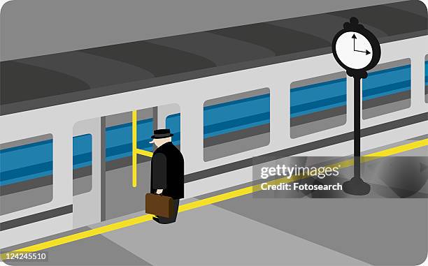 ilustrações, clipart, desenhos animados e ícones de high angle view of a businessman boarding a train - mode