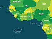 Western Africa map - green hue colored on dark background. High detailed political map of western african and Bay of Guinea region with country, capital, ocean and sea names labeling