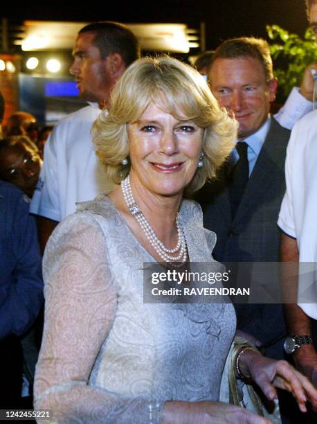 Camilla, Duchess of Cornwall, wife of the Prince Charles, Prince of Wales chats to members of the England cricket team during a reception to...