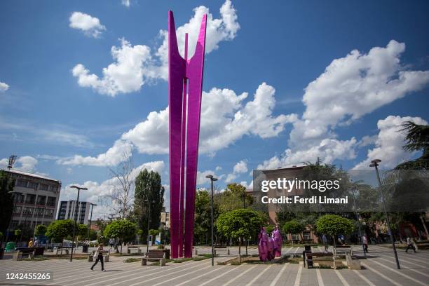 August 12: The Yugoslav era Brotherhood and Unity monument in downtown Prishtina wrapped in aluminum foil as part of artistic intervention of Swiss...