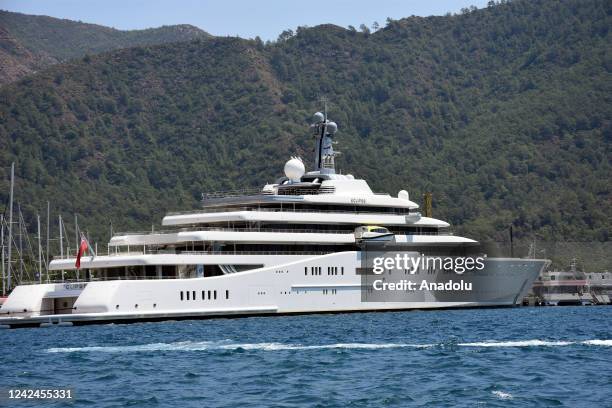 Eclipse, the private luxury yacht of Russian billionaire Roman Abramovich, anchors in Mugla, Turkiye on August 12, 2022. The 6-storey yacht docked at...