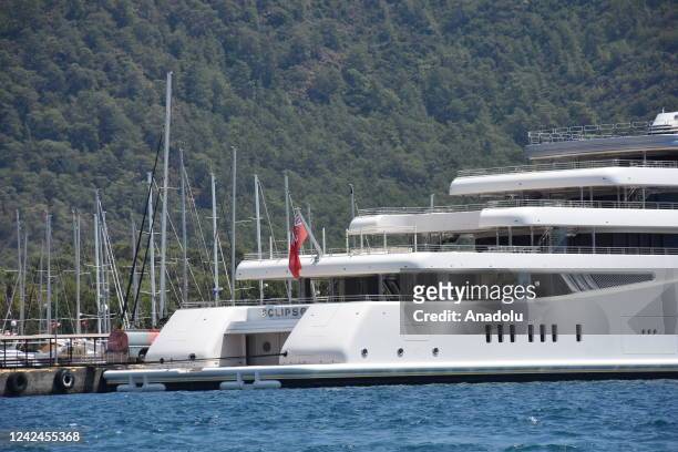 Eclipse, the private luxury yacht of Russian billionaire Roman Abramovich, anchors in Mugla, Turkiye on August 12, 2022. The 6-storey yacht docked at...