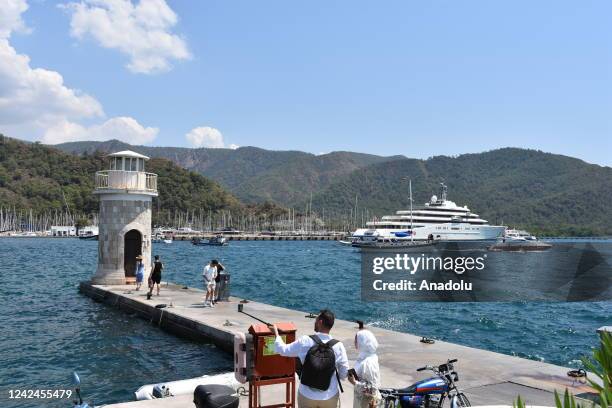 Eclipse, the private luxury yacht of Russian billionaire Roman Abramovich, anchors in Mugla, Turkiye on August 12, 2022. The 6-storey yacht docked at...