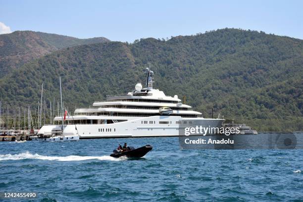 Eclipse, the private luxury yacht of Russian billionaire Roman Abramovich, anchors in Mugla, Turkiye on August 12, 2022. The 6-storey yacht docked at...