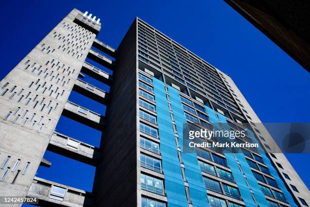 Refurbishment works on the Balfron Tower in Poplar are pictured on 10th August 2022 in London, United Kingdom. 146 apartments within the Brutalist...