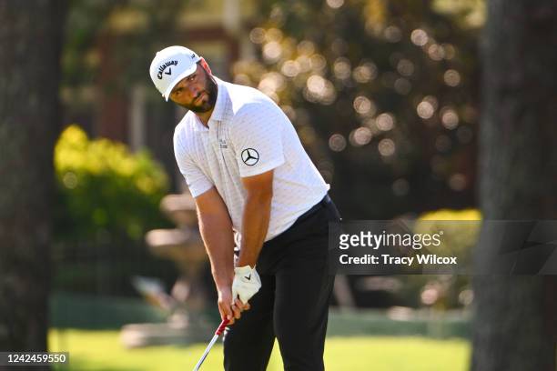 Jon Rahm of Spain prepares to hit his second shot at the 17th hole during the second round of the FedEx St. Jude Championship at TPC Southwind on...
