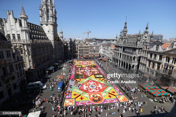 An aerial view of the "flower carpet" that has been made every two years since 1971 in Brussels, Belgium on August 12, 2022. The "flower carpet" was...