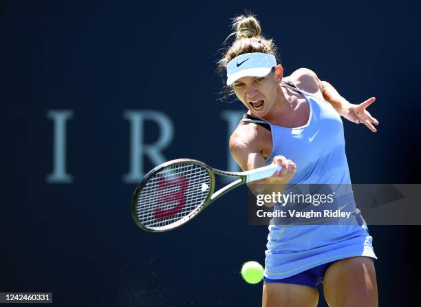 Simona Halep of Romania hits a shot against Coco Gauff of the United States during the National Bank Open, part of the Hologic WTA Tour, at Sobeys...