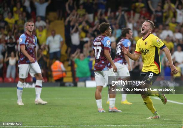 Watford's Tom Cleverley celebrates scoring his side's first goal during the Sky Bet Championship between Watford and Burnley at Vicarage Road on...