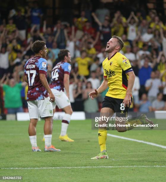 Watford's Tom Cleverley celebrates scoring his side's first goal during the Sky Bet Championship between Watford and Burnley at Vicarage Road on...