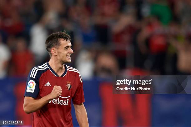 Aimar of Osasuna celebrates victory after the La Liga Santander match between CA Osasuna and Sevilla FC at El Sadar Stadium on August 12, 2022 in...