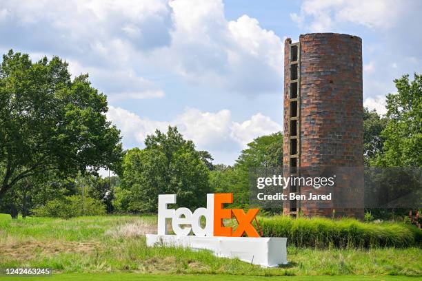 FedEx signage is seen along the ninth hole during the second round of the FedEx St. Jude Championship at TPC Southwind on August 12, 2022 in Memphis,...