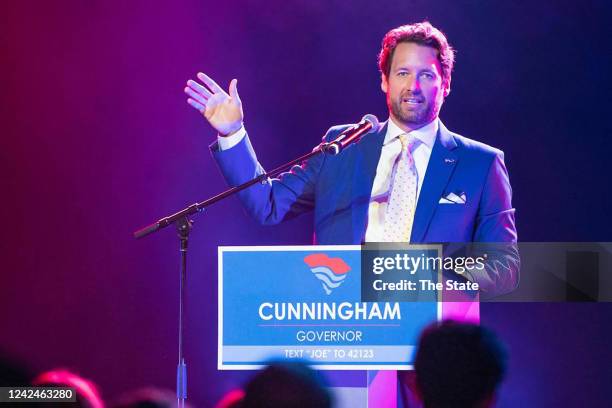 Democratic candidate for governor Joe Cunningham declares victory against state senator Mia McLeod in the primary race at the Music Farm in...