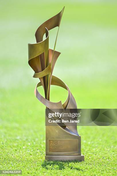 The trophy is seen on the first tee box during the second round of the FedEx St. Jude Championship at TPC Southwind on August 12, 2022 in Memphis,...