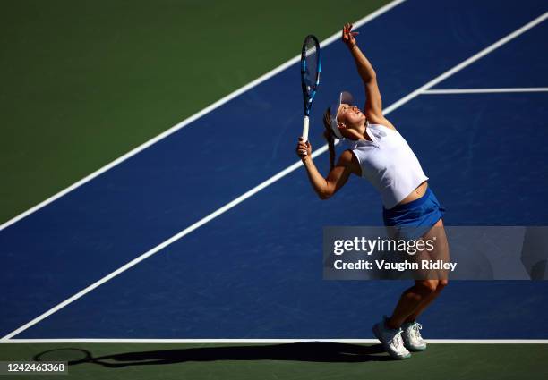 Yulia Putintseva of Kazakhstan serves against Jessica Pegula the United States during the National Bank Open, part of the Hologic WTA Tour, at Sobeys...