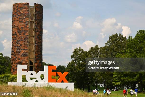 FedEx signage on the ninth hole during the second round of the FedEx St. Jude Championship at TPC Southwind on August 12, 2022 in Memphis, Tennessee.