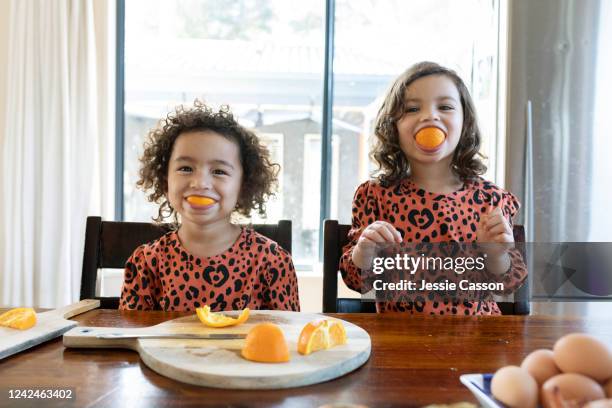 girls having fun eating orange slices - auckland food bildbanksfoton och bilder