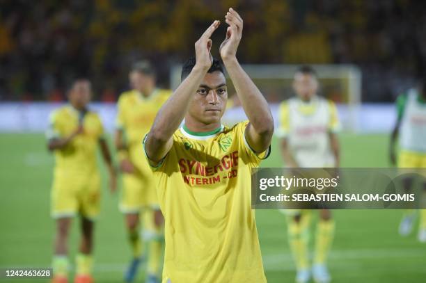 Nantes' Egyptian forward Mostafa Mohamed reacts at the end of the French L1 football match between FC Nantes and LOSC Lille at the Stade de la...
