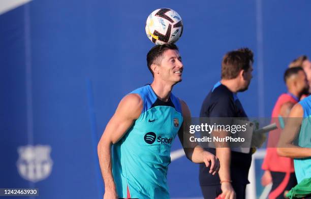 Robert Lewandowski during the training before the first match of the 2022-23 Liga Santander against Rayo Vallecano, in Barcelona, on 12th August...
