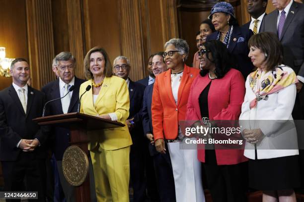 House Speaker Nancy Pelosi, a Democrat from California, speaks during a bill enrollment ceremony for H.R. 5376, the Inflation Reduction Act of 2022,...