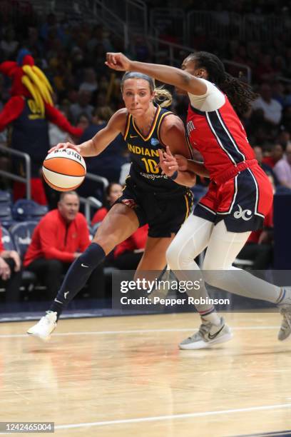 Lexie Hull of the Indiana Fever drives to the basket during the game against the Washington Mystics on August 12, 2022 at the Gainbridge Fieldhouse...