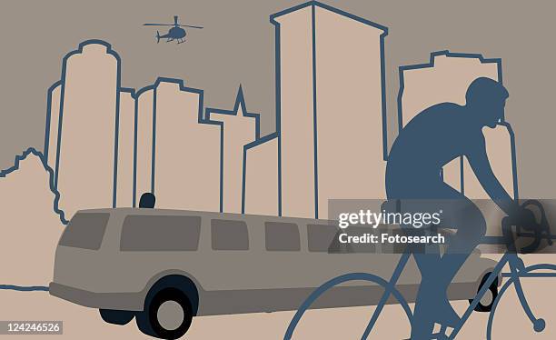 ilustrações, clipart, desenhos animados e ícones de silhouette of a person riding a bicycle near a limousine - mode