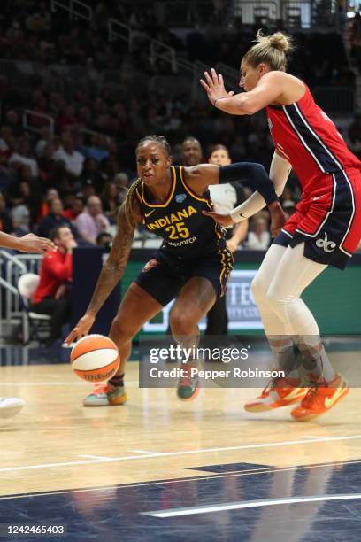 Tiffany Mitchell of the Indiana Fever drives to the basket during the game against the Washington Mystics on August 12, 2022 at the Gainbridge...