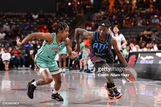 Erica Wheeler of the Atlanta Dream handles the ball during the game against the New York Liberty on August 12, 2022 at Gateway Center Arena in...