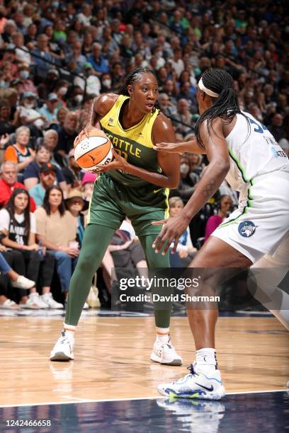 Tina Charles of the Seattle Storm handles the ball during the game against the Minnesota Lynx on August 12, 2022 at the Target Center in Minneapolis,...