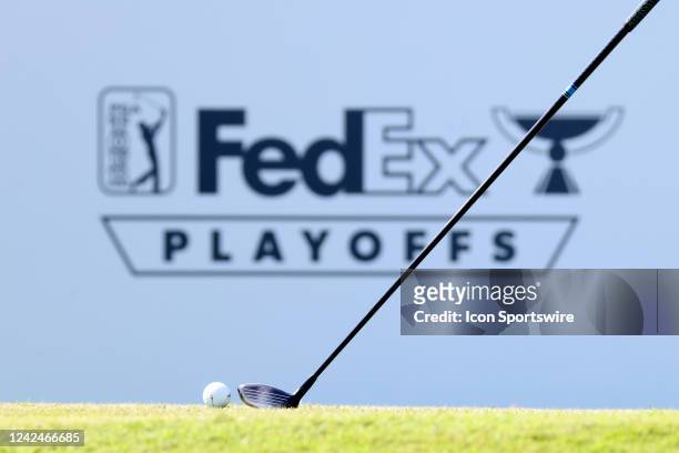 Signage for the FedEx Cup Playoffs on the No. 9 tee box during the second round of the FedEx St. Jude Championship, August 12 at TPC Southwind in...