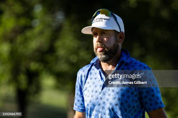 Erik Compton reacts after sinking his putt on the 18th green during the second round of the Korn Ferry Tours Pinnacle Bank Championship presented by...