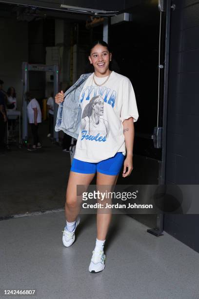 Natalie Achonwa of the Minnesota Lynx arrives to the arena before the game against the Seattle Storm on August 12, 2022 at the Target Center in...