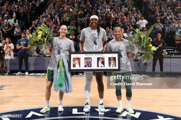 Sue Bird of the Seattle Storm, Sylvia Fowles of the Minnesota Lynx, and Briann January of the Seattle Storm are recognized for their last season...