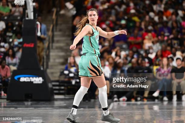 Sabrina Ionescu of the New York Liberty looks on during the game against the Atlanta Dream on August 12, 2022 at Gateway Center Arena in College...
