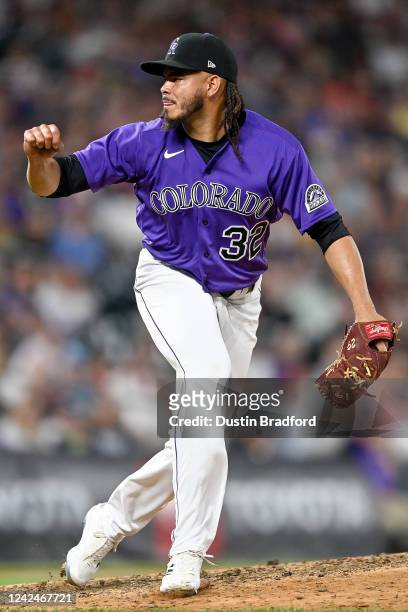 Dinelson Lamet of the Colorado Rockies pitches against the Arizona Diamondbacks in the seventh inning of a game at Coors Field on August 12, 2022 in...