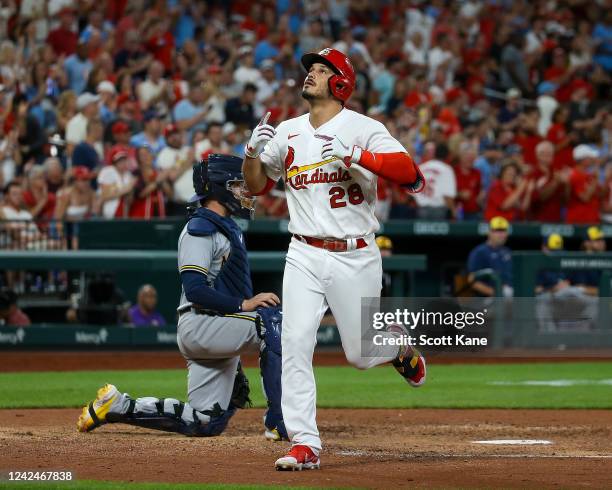 Nolan Arenado of the St. Louis Cardinals looks skyward as he crosses home plate in front of Victor Caratini of the Milwaukee Brewers after hitting a...