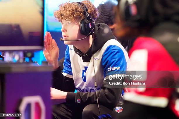 KennyZeus of Mavs Gaming looks on during the game against Blazer5 Gaming during the 2022 NBA 2K League The Ticket Tournament on August 12, 2022 at...