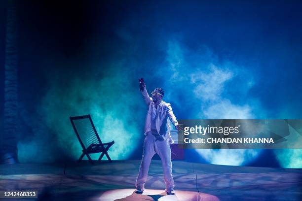 Puerto Rican rapper Bad Bunny performs onstage during "The World's Hottest Tour" at Hard Rock Stadium in Miami Gardens, Florida on August 12, 2022.