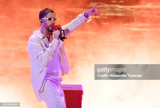 Bad Bunny performs on stage during his World's Hottest Tour at Hard Rock Stadium on August 12, 2022 in Miami Gardens, Florida.